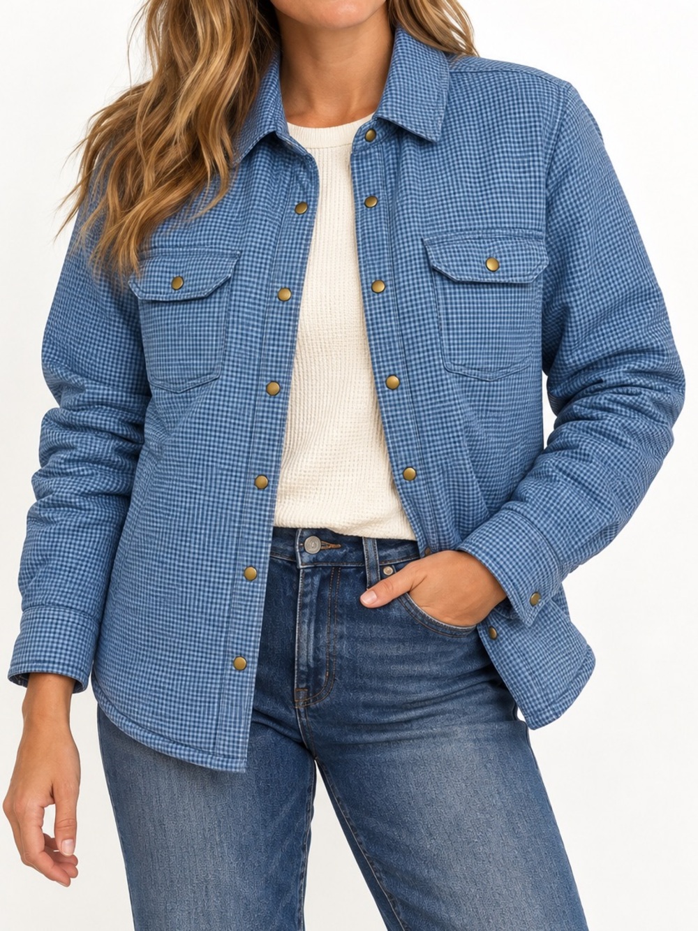 L.L.Bean Women’s Large Blue Gingham Quilted Snap Front Shirt Jacket